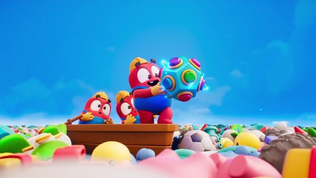 Peak characters sailing a sea of toys in an animated live-ops event trailer
